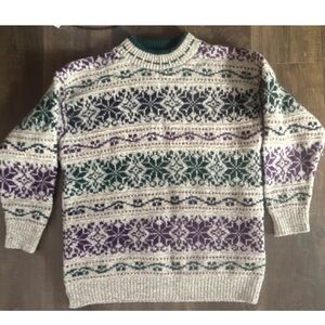 Vintage Winona Wool Sweater, Fair Isle Pattern, CrewNeck, Medium, purple & green